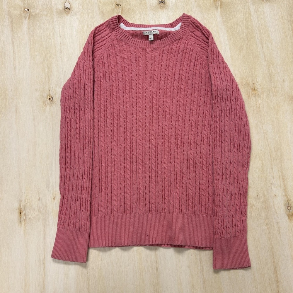 Sonoma Lifestyle Sweater Womens Large Pink Crew Neck Cable Knit Pullover Raglan
